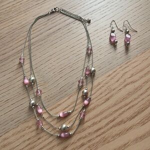Light Pink Beaded Silver-Tone Multi-Strand Necklace & Matching Earring Set